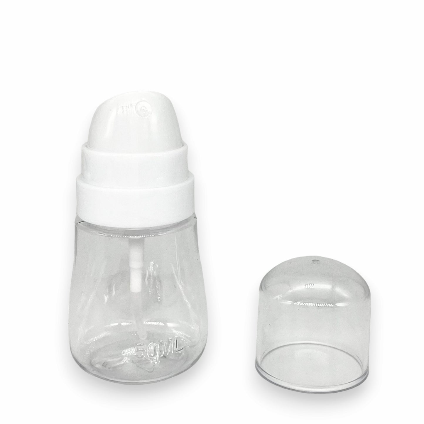 clear 50 ml refillable spray bottle with white top and a clear lid
