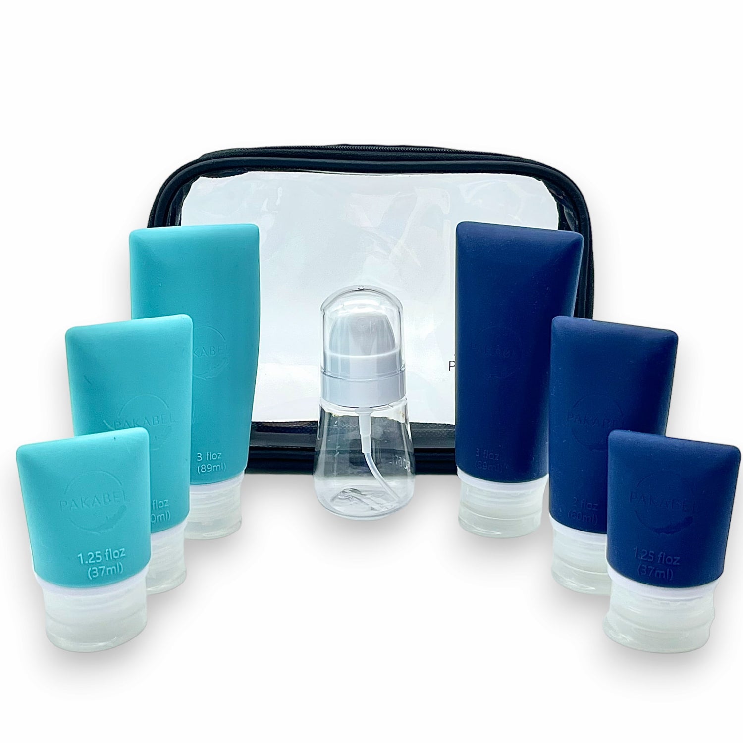 clear toiletry bag with a range of refillable silicone containers in teal and navy blue plus a refillable clear and white spray bottle.
