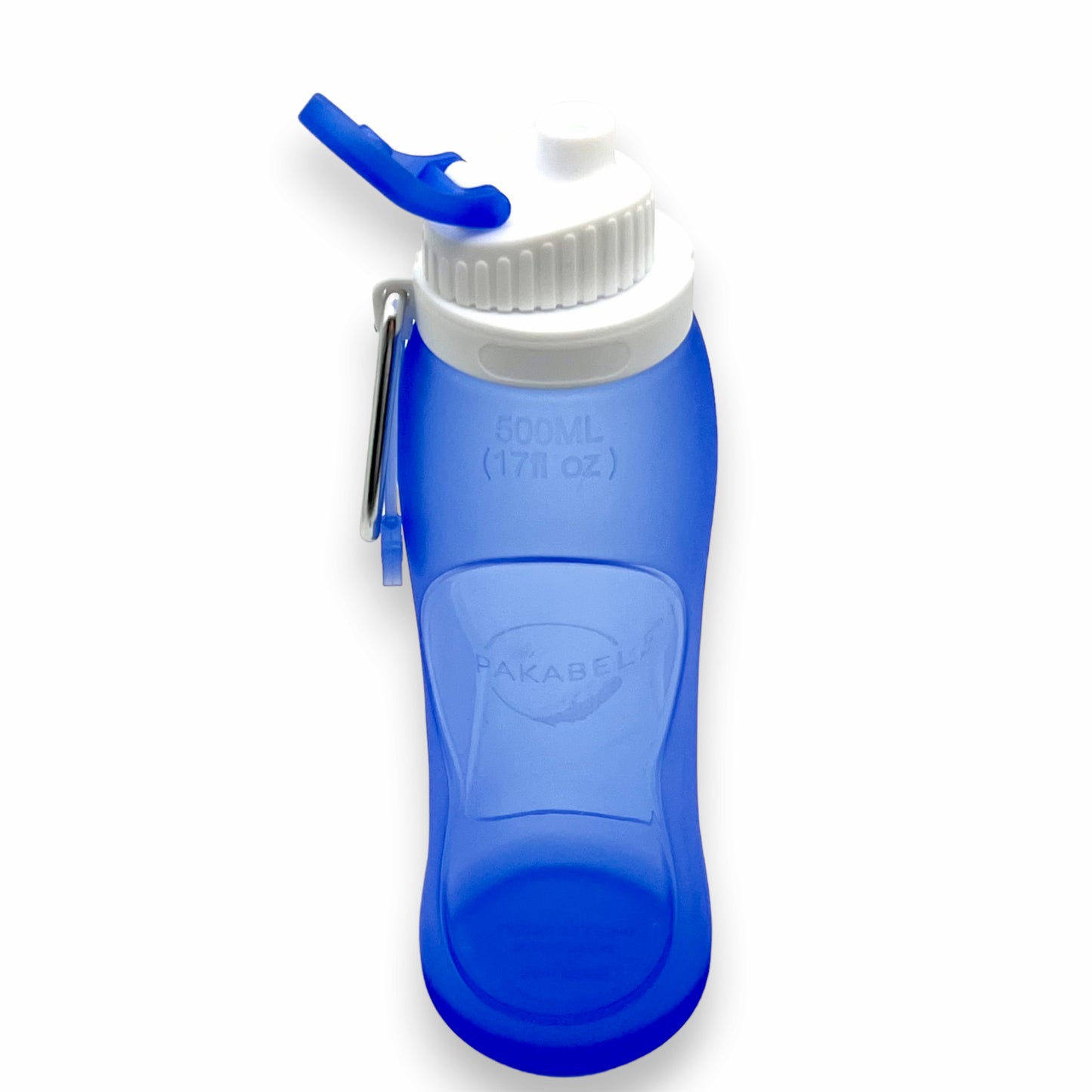 Blue flexible and space-saving food-safe silicone drinks bottle. Can be folded for compact storage. Suitable for temperatures ranging from -50 to 200 degrees Celsius.