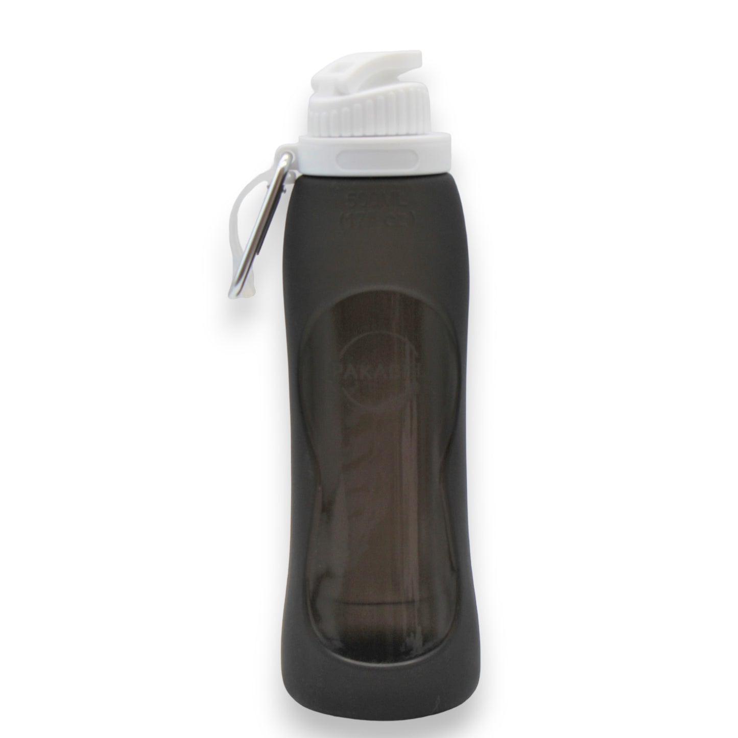 Black flexible and space-saving food-safe silicone drinks bottle. Can be folded for compact storage. Suitable for temperatures ranging from -50 to 200 degrees Celsius.