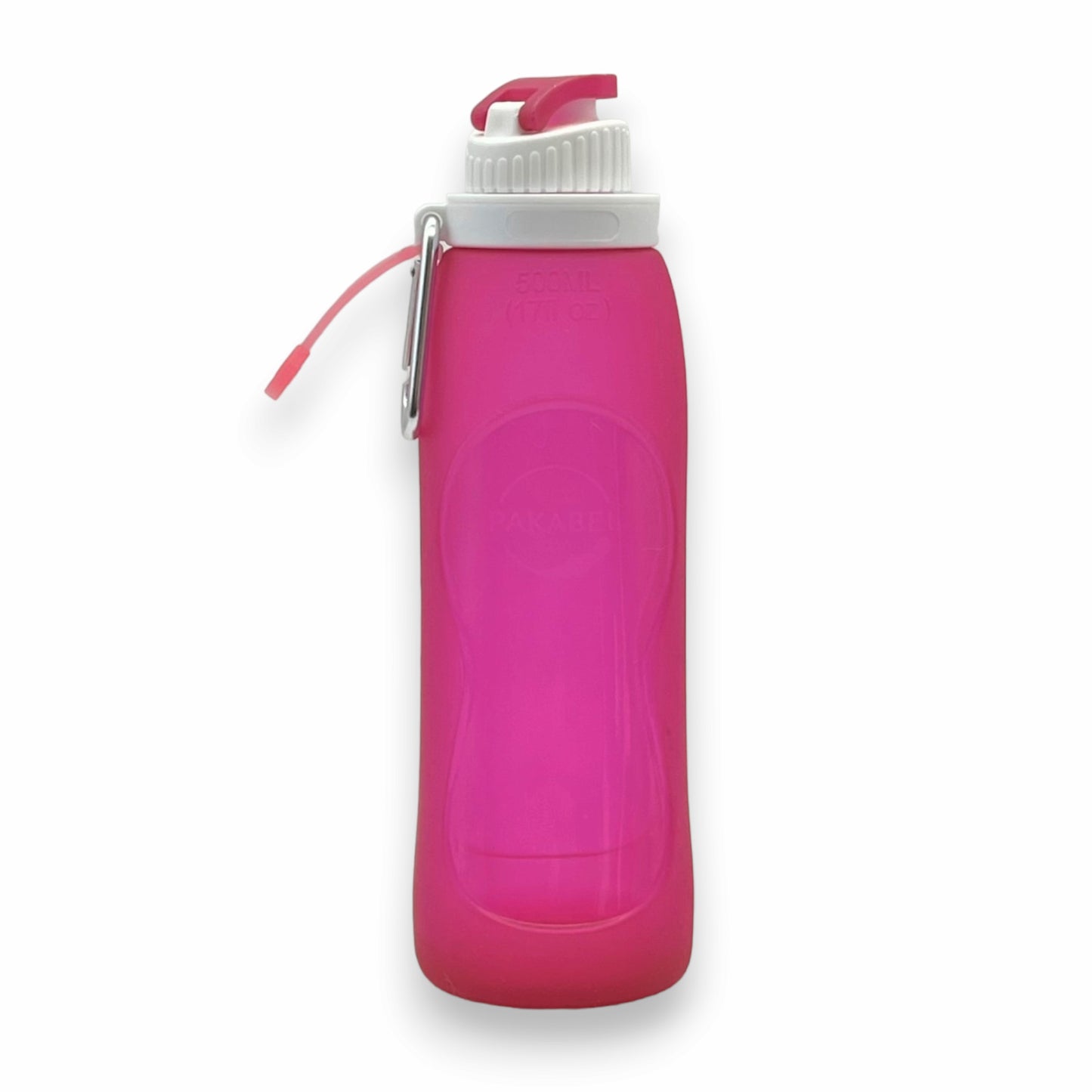 Pink flexible and space-saving food-safe silicone drinks bottle. Can be folded for compact storage. Suitable for temperatures ranging from -50 to 200 degrees Celsius.