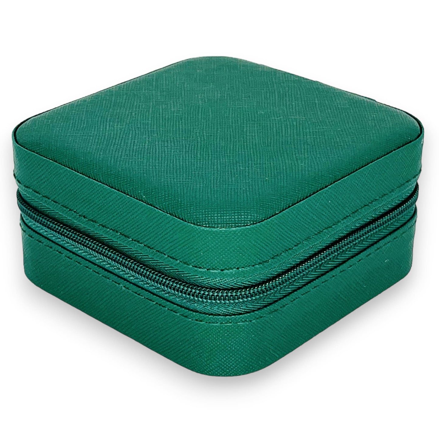 Small green jewellery box with compartments, designed to store and organise various pieces of jewellery. The compartments are adjustable for versatile storage.