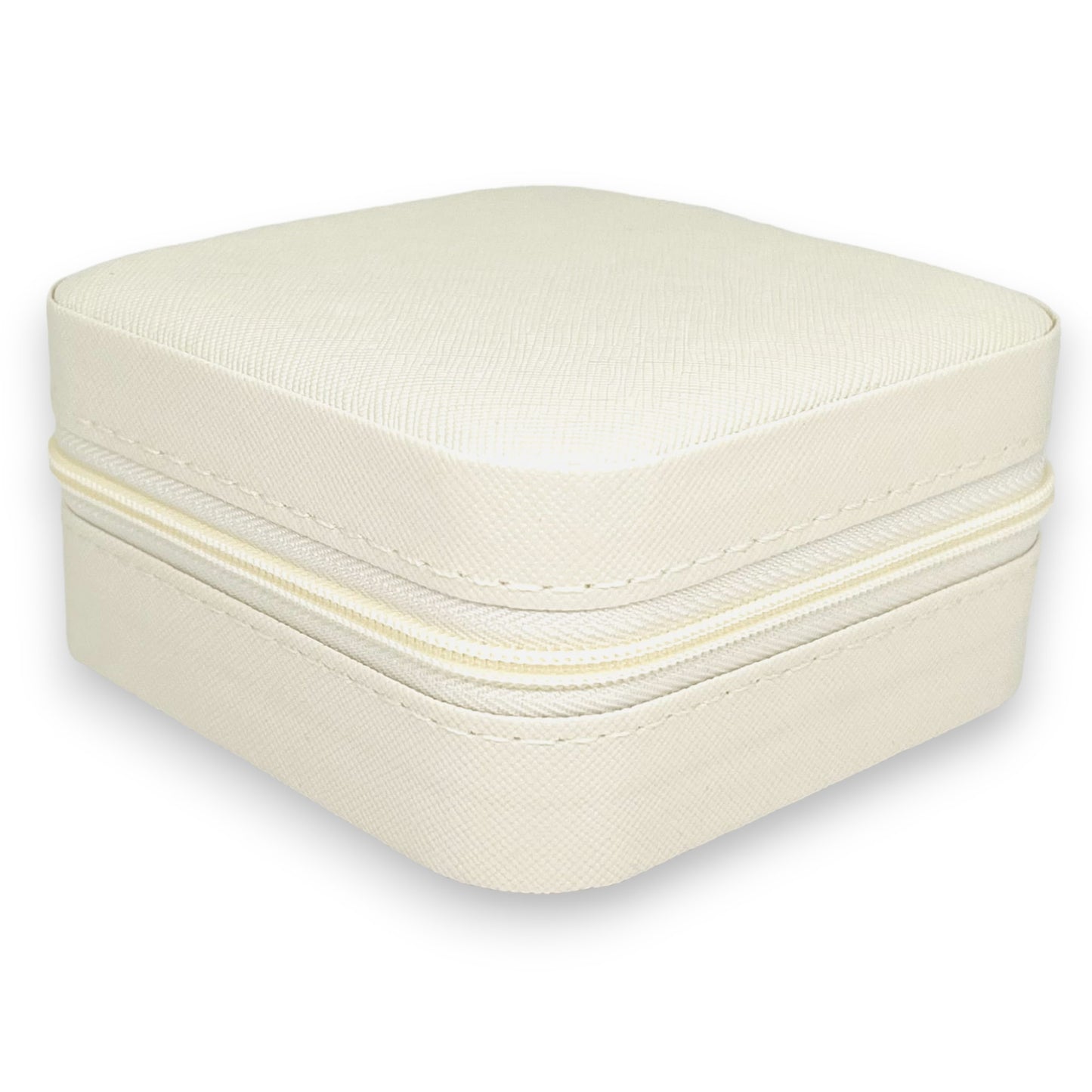 Small off white jewellery box with compartments, designed to store and organise various pieces of jewellery. The compartments are adjustable for versatile storage.