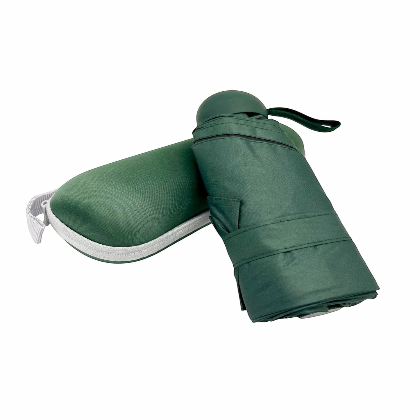 Pakabel compact green umbrella with zip-up case, UV resistant and waterproof.