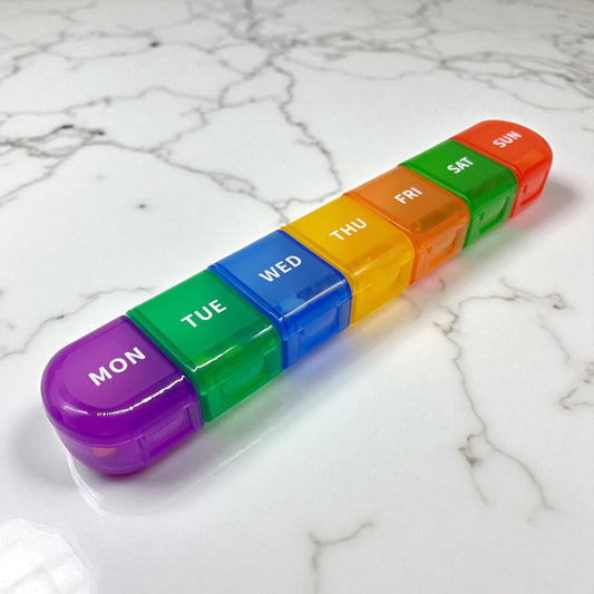 7 day pill box in rainbow colours that can be separated into individual days