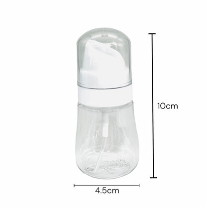 image of clear refillable 50 ml spray bottle showing dimensions. 10 cm tall and 4.5 cm diameter