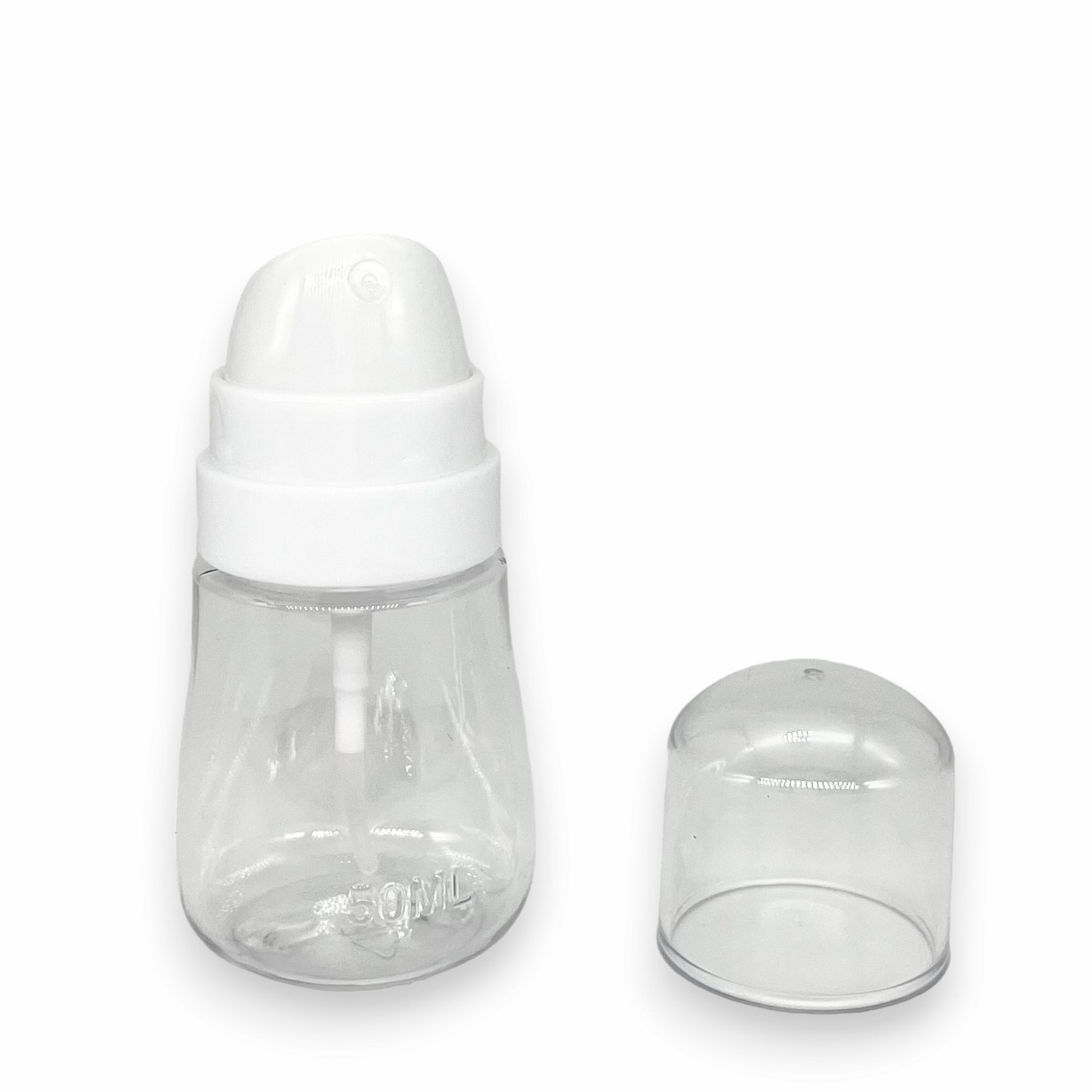 clear 50 ml refillable spray bottle with white top and a clear lid