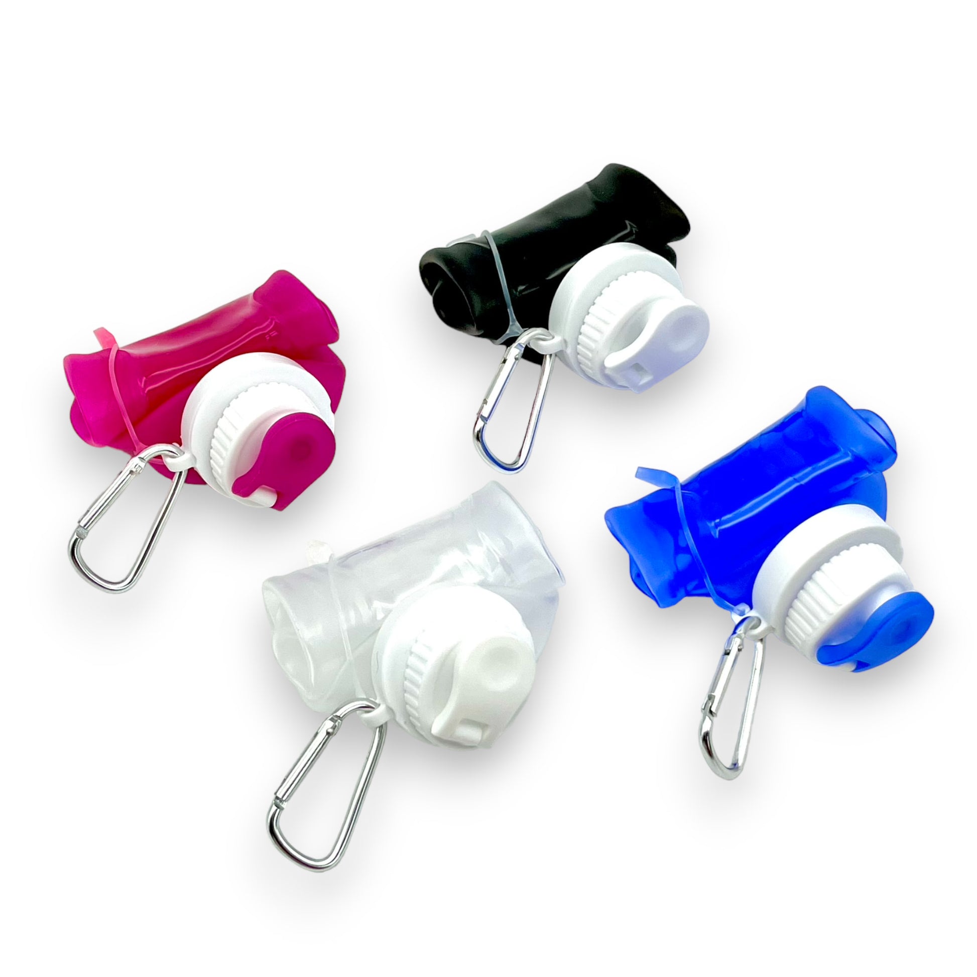 4 folded 500ml flexible and space-saving food-safe silicone drinks bottle. Can be folded for compact storage. Suitable for temperatures ranging from -50 to 200 degrees Celsius. Available in blue, pink, black and white.