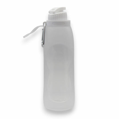 White flexible and space-saving food-safe silicone drinks bottle. Can be folded for compact storage. Suitable for temperatures ranging from -50 to 200 degrees Celsius.