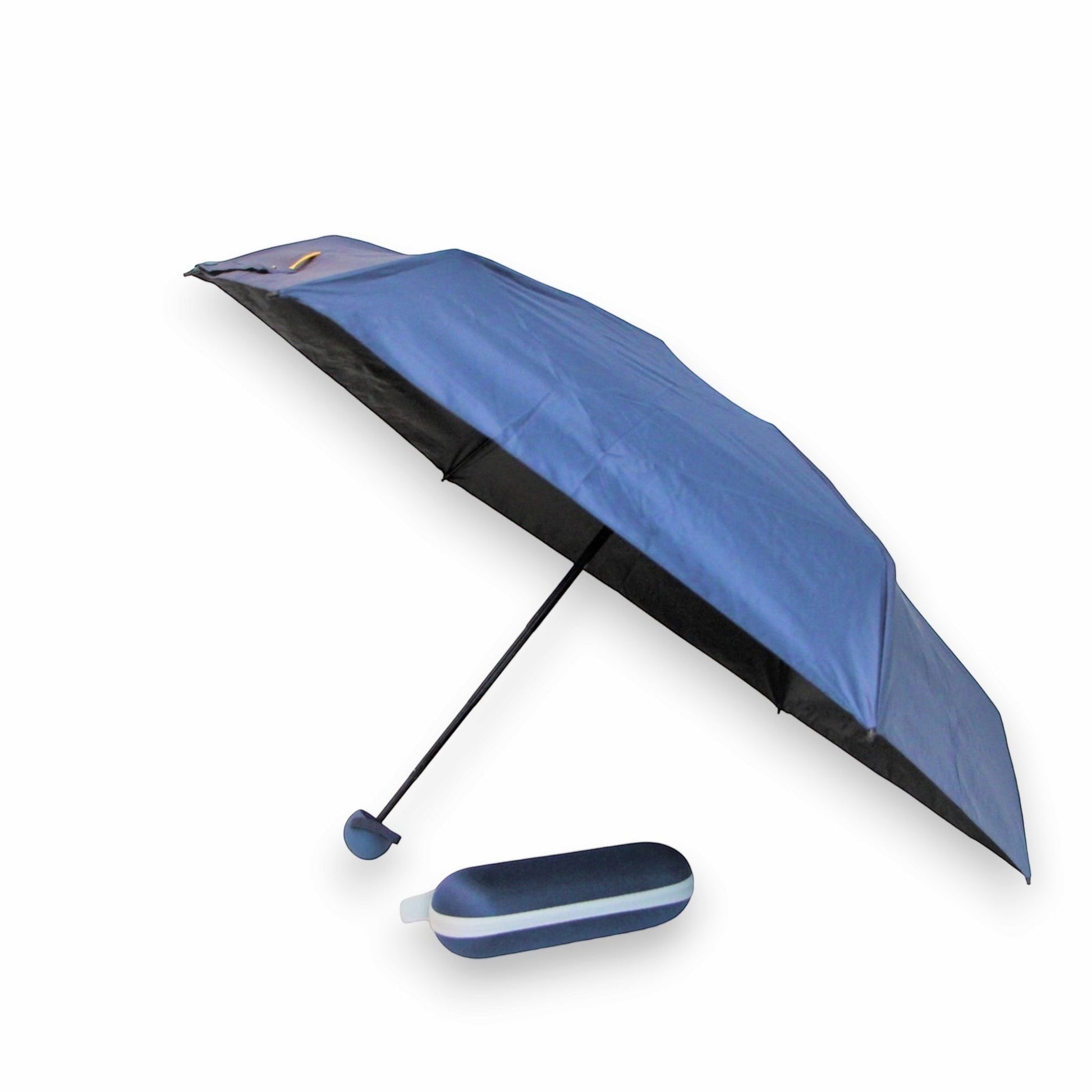 Pakabel compact blue umbrella with case, UV resistant and waterproof material.