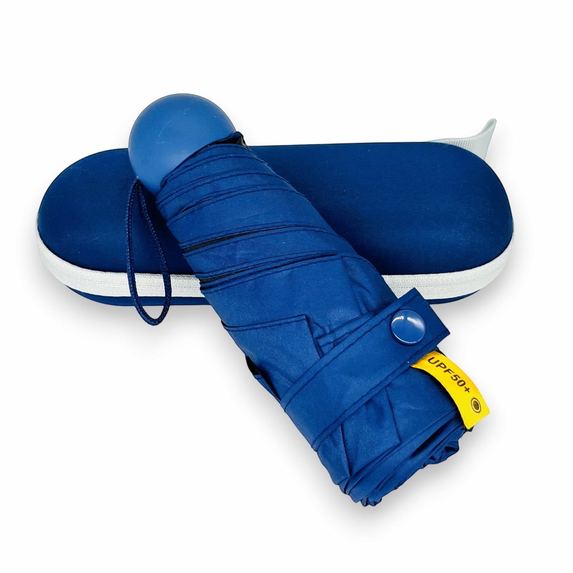 Pakabel blue compact umbrella with case, UV resistant and waterproof.