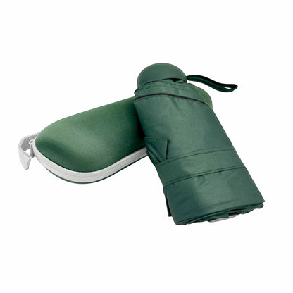 Pakabel compact green umbrella with zip-up case, UV resistant and waterproof.