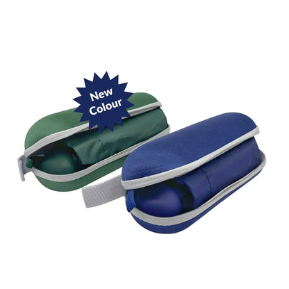 Pakabel compact umbrella in navy blue and forest green, each in a zipped case with a carry strap. UV resistant.
