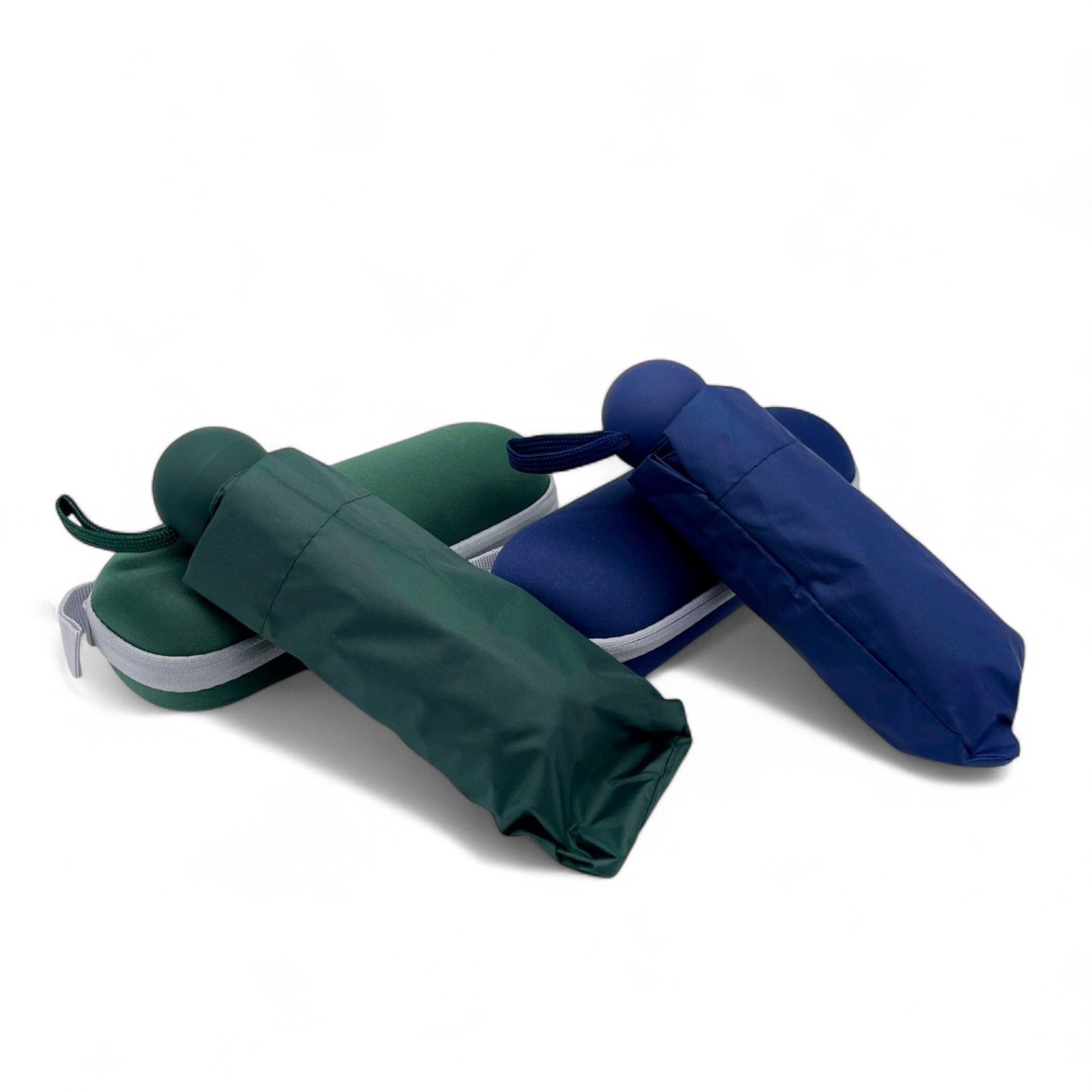 2 compact umbrellas in loose sleeve with EVA cases. Dark green and navy blue.